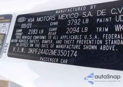 2021 Kia Forte Lxs из США, поврежденный, VIN 3KPF24AD2ME350174